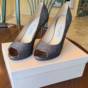 Jimmy Choo Anthracite Glitter platform Peep-Toe Heels WORN ONCE!!! PERFECT!!!